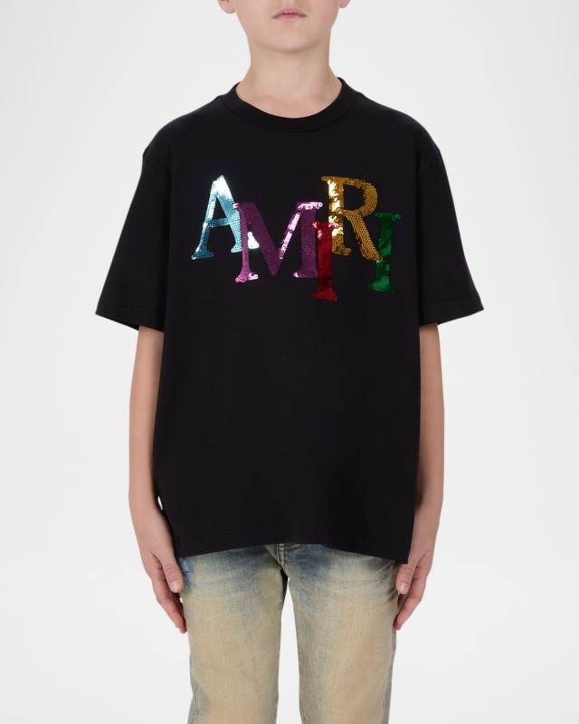 Kid's Staggered Sequin Logo Short-Sleeve T-Shirt, Size 4-12
